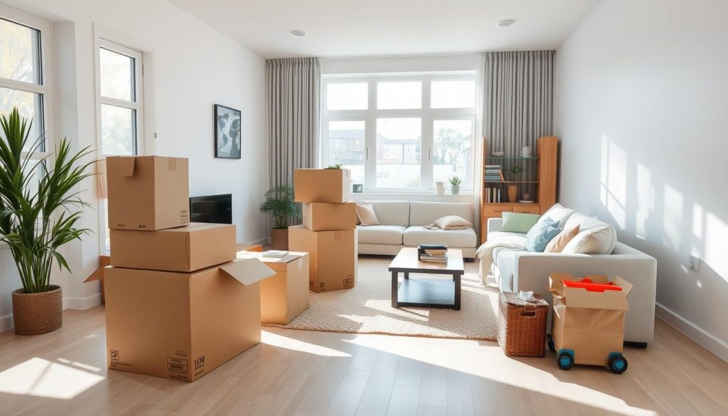 Tömning och städning av lägenhet med flyttkartonger och städutrustning